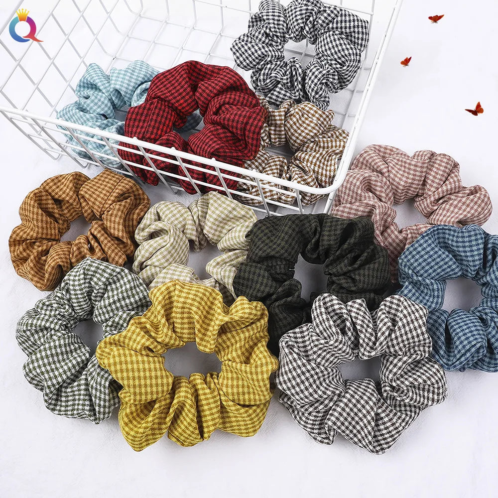 QIYUE Polyester Checkered Scrunchies Scrunchy Hair Tie Ponytail Holder