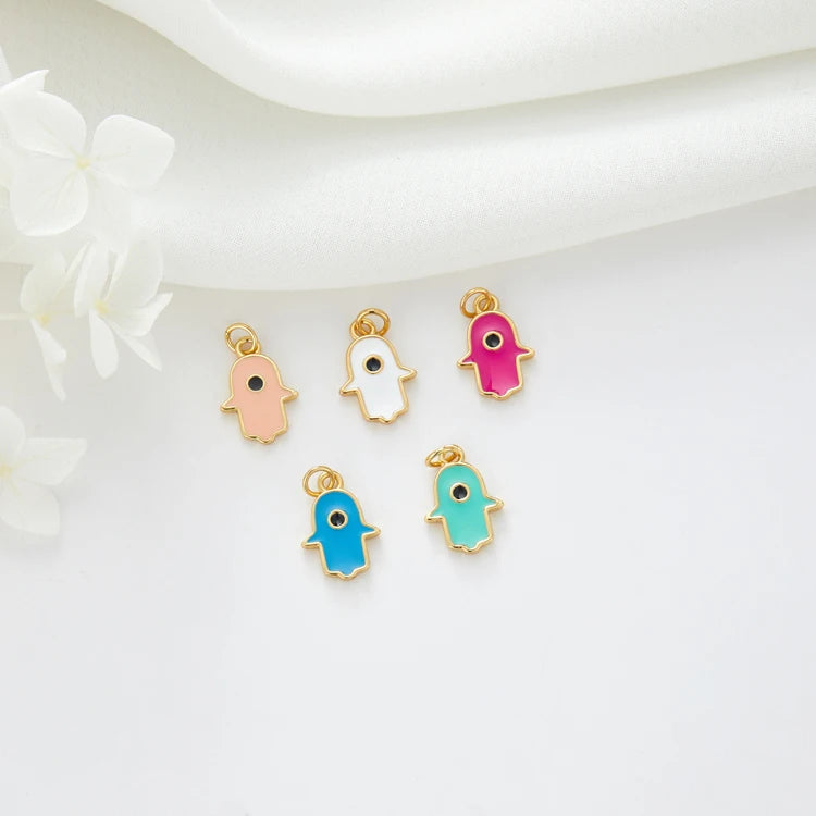 Hot Sale 14K Gold Plated Pendant Fatima Diy Wholesale Enamel Evil Eye Hamsa Hand of Fatima Charms for Jewelry Making Accessories