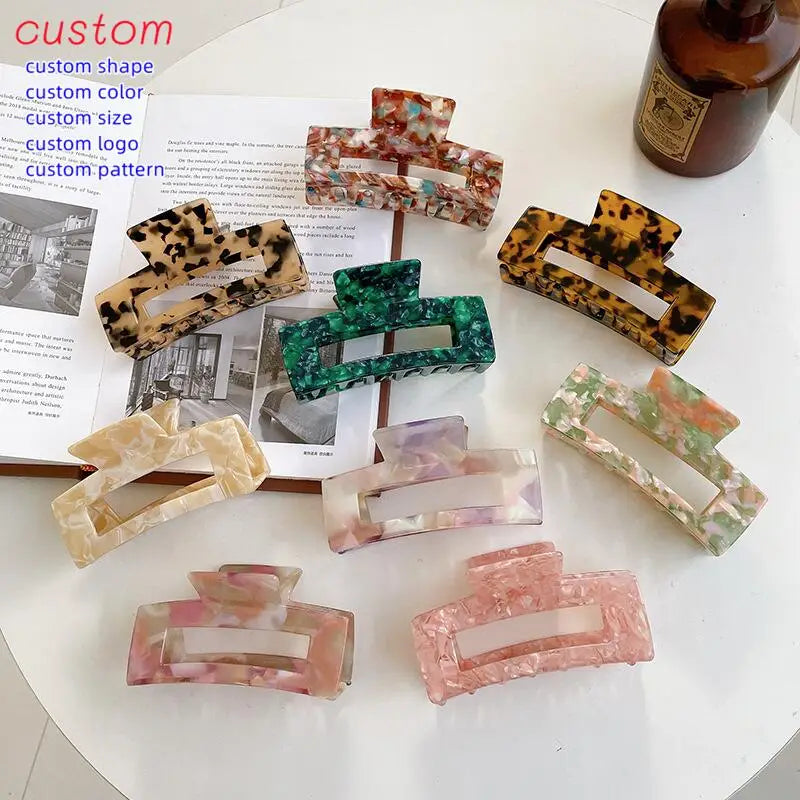 Customized Color logo Hot Sale Fashion Acetate Hair Clips 10.5cm Large Quare Jumbo Hair Claw Clip Women Big Hair Claws