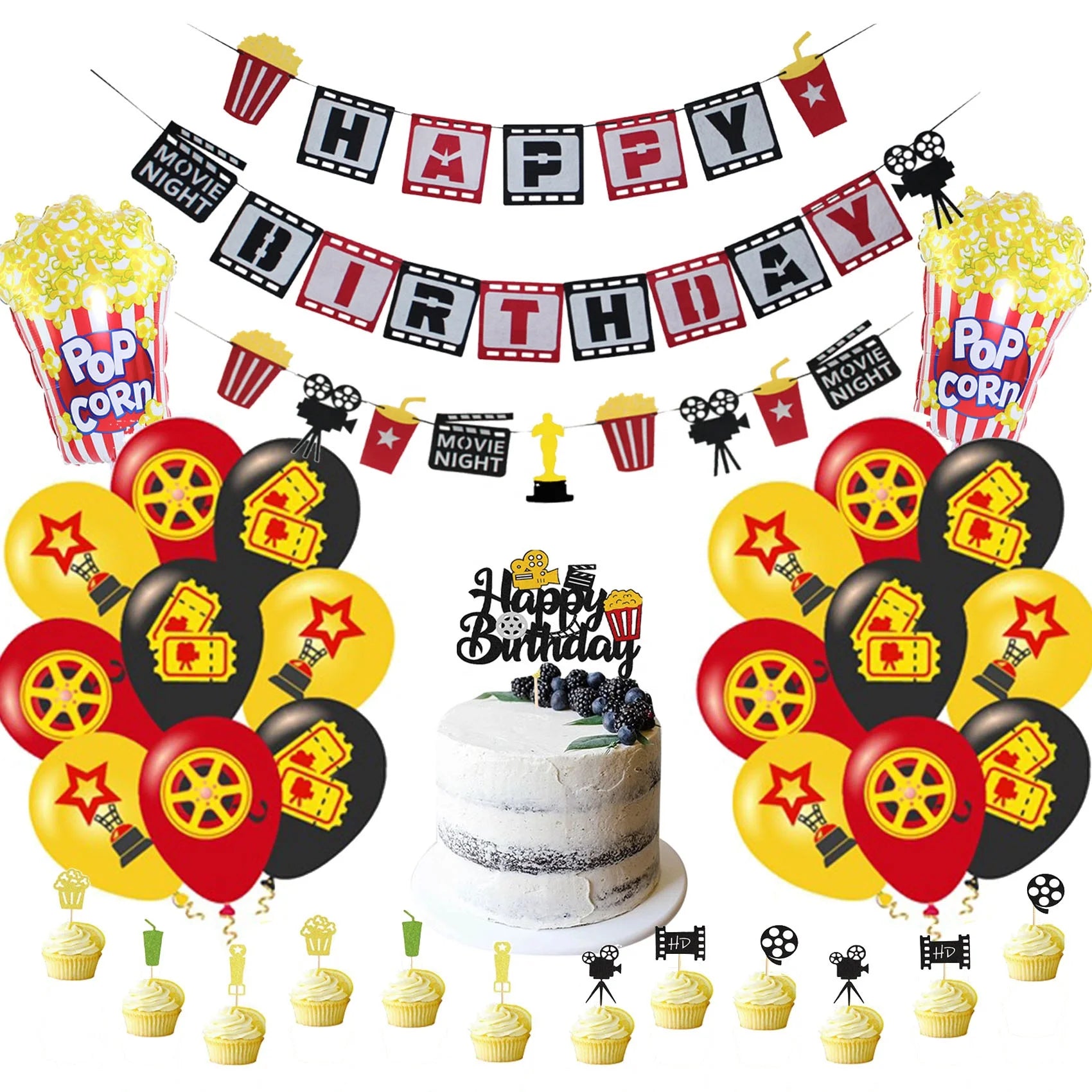 Nicro Hollywood Movie Night Cinema Movie Theater Theme Red Carpet Paper Garland Popcorn Foil Balloons Birthday Party Decorations
