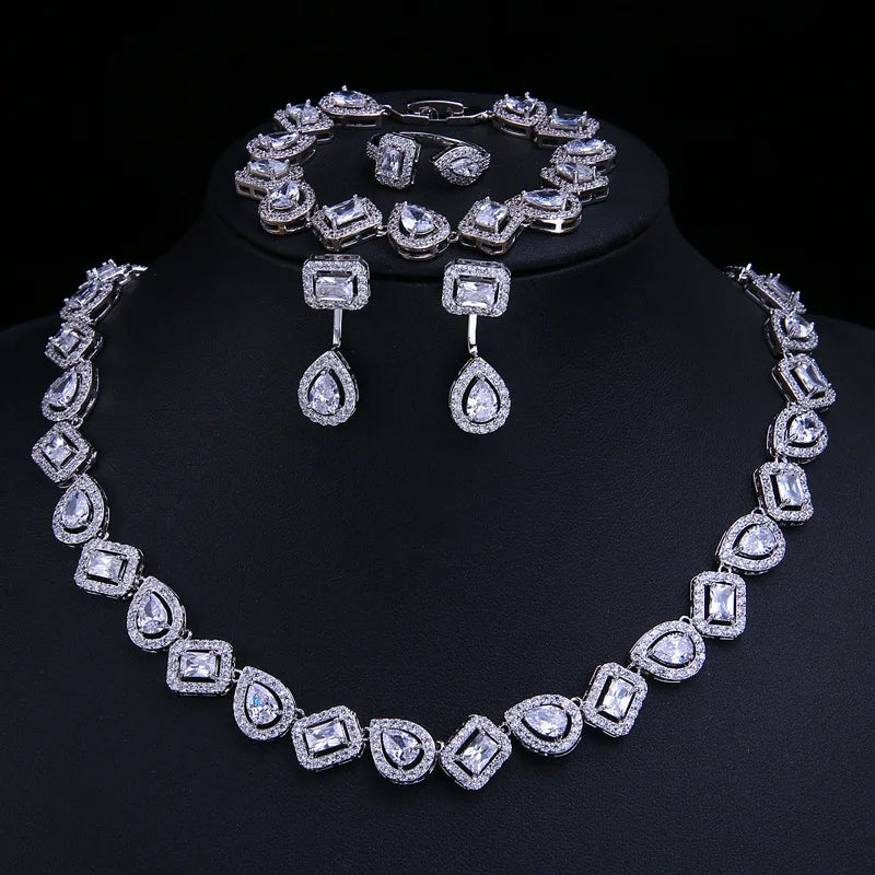 Wholesale Luxury Bridal Wedding Jewelry Set Open Adjustable Ring Shiny Water Drop Square Zircon Jewelry Set for Women