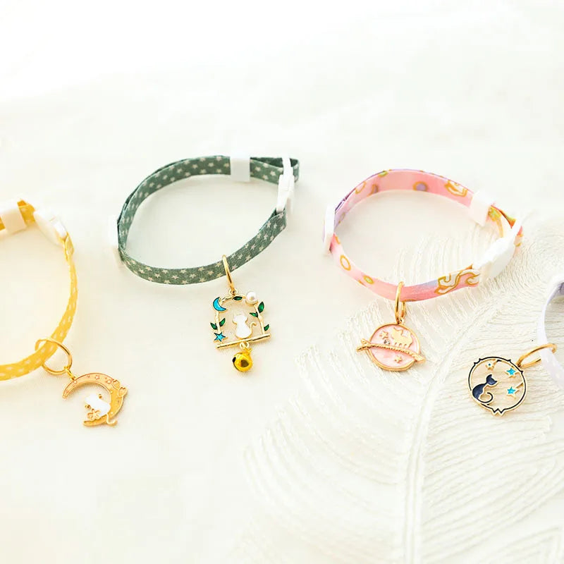 Adjustable Multi-Color Cat Dog Collar Elegant Metal Star/Moon/Cat Pendant Soft Fabric Floral Design Quick Release for Pets
