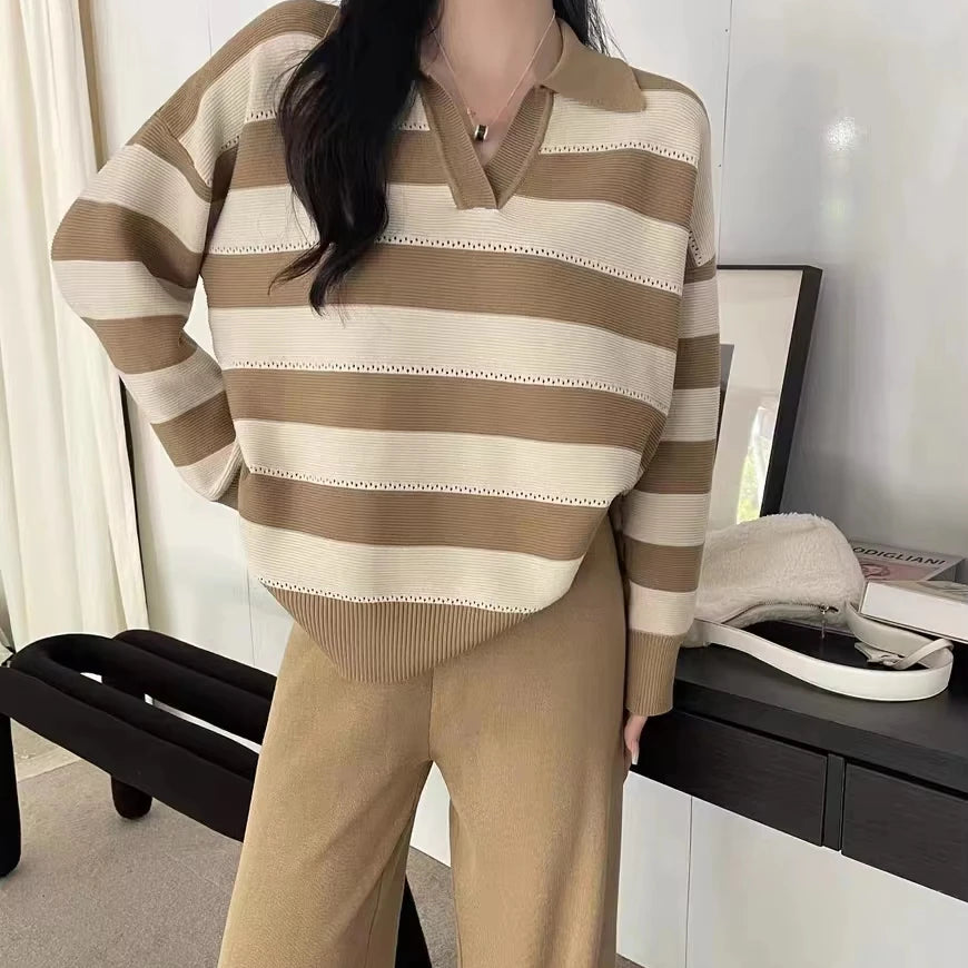 Wholesale 2025 Autumn Retro Lazy Style High Grade Soft Glutinous Loose Striped Polo Neck Fashion Knitted Women's Set