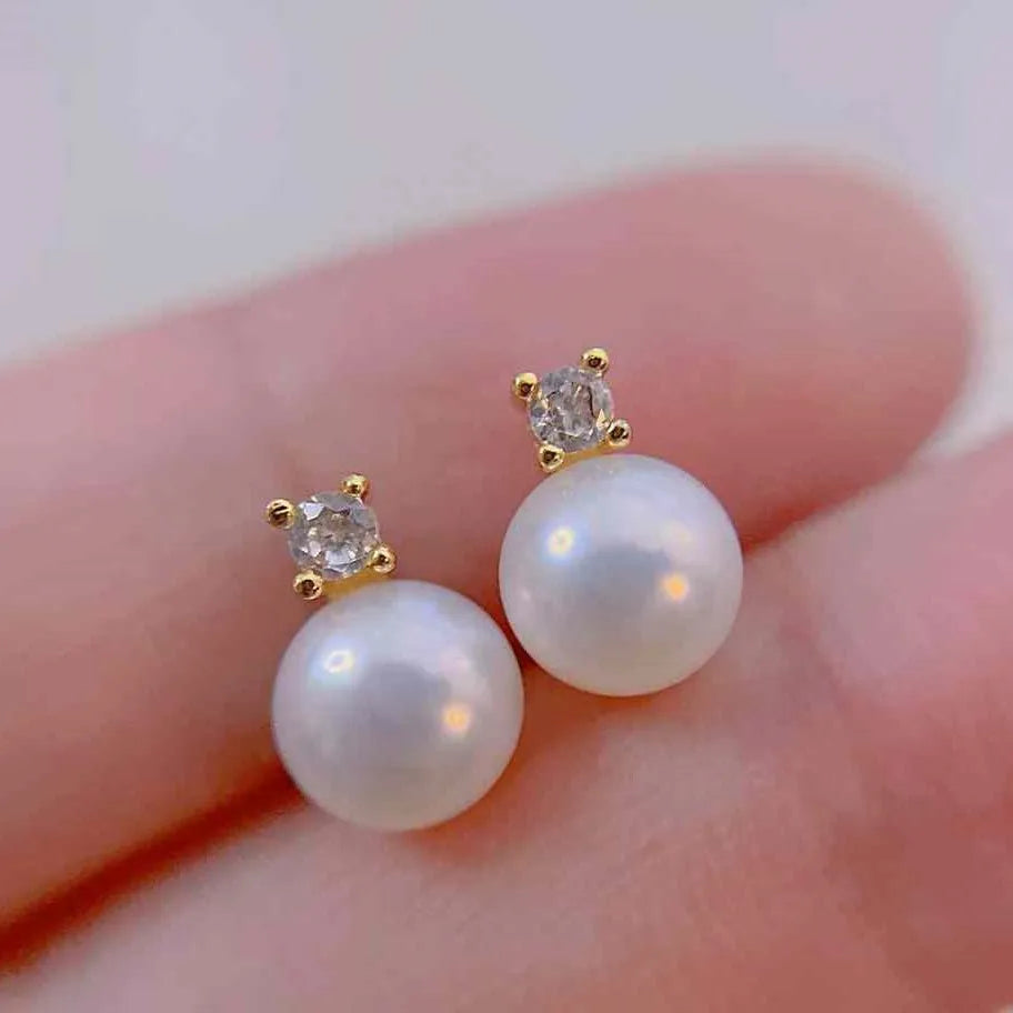 S925 Silver Needle Anti-Allergy Queen's Earrings with 7-8MM Zhuji White Freshwater Pearls Natural Freshwater Pearl Stud Earrings
