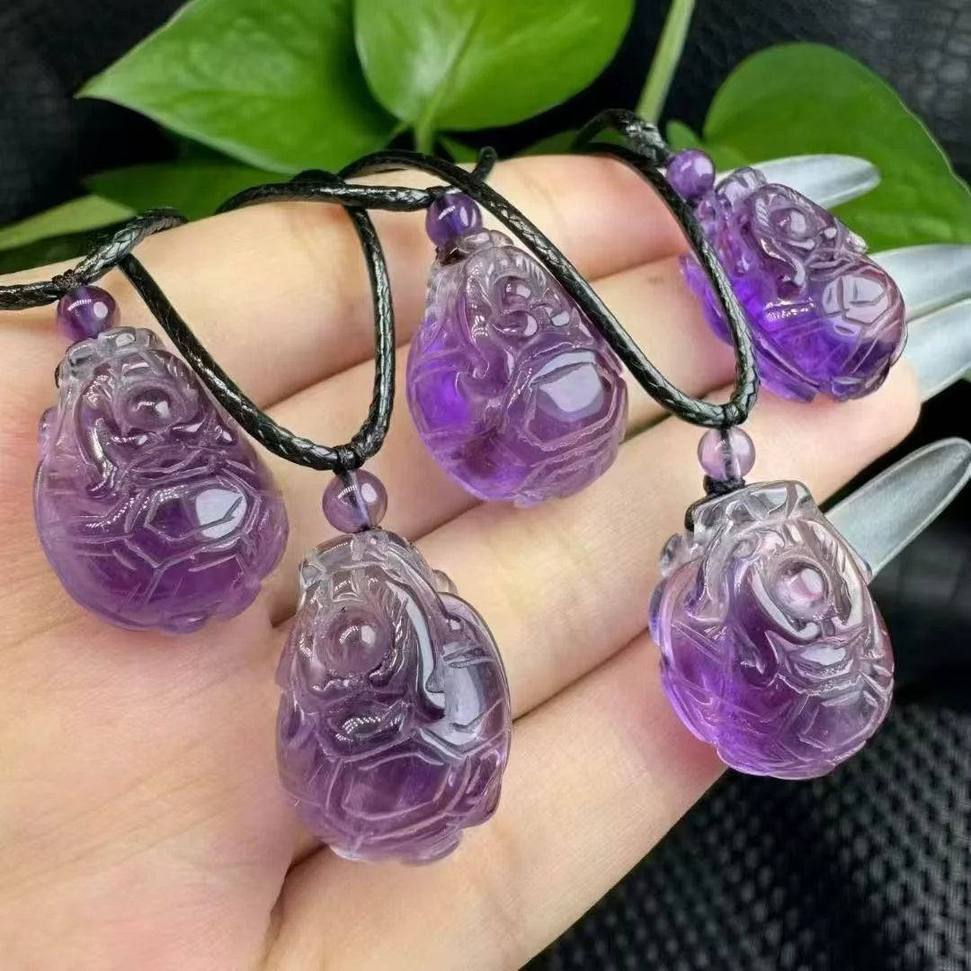 Handmade Spiritual  Crystal Healing Stone Natural Amethyst Dragon Turtle Pendant for Relieving Negative Emotions