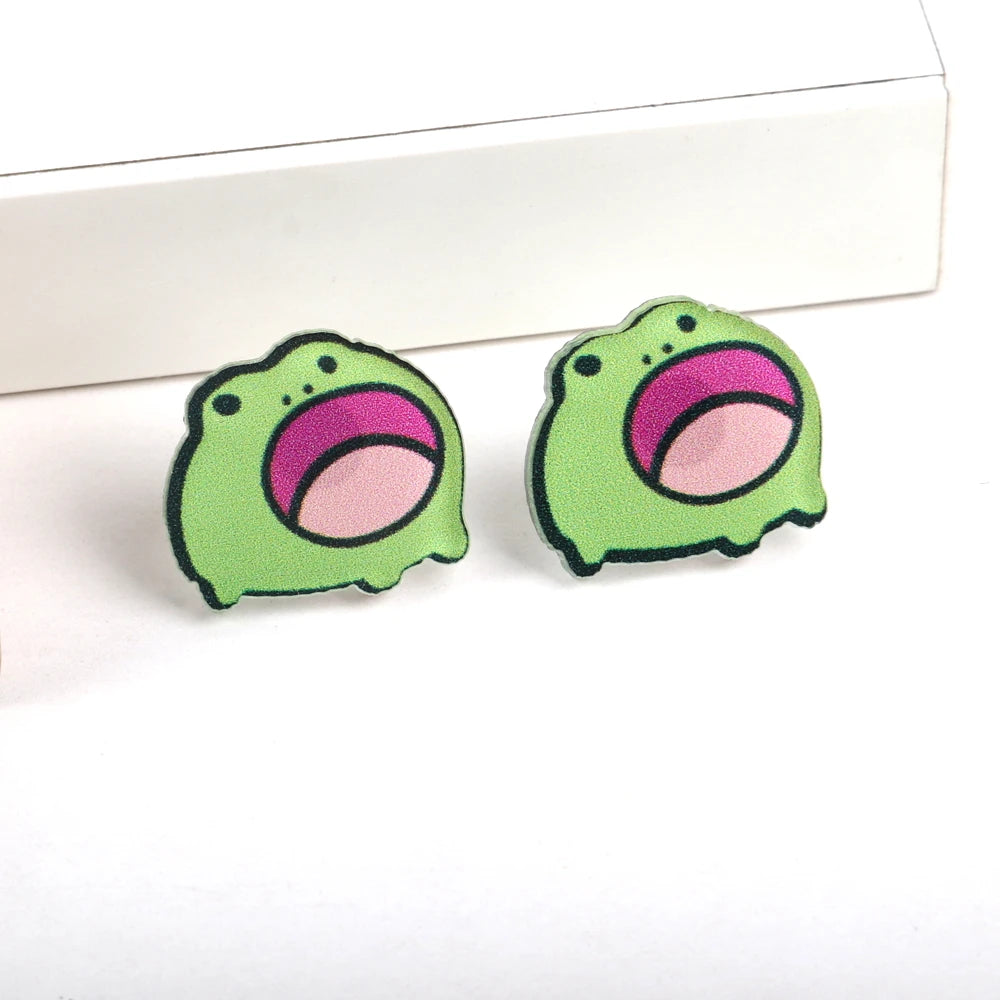 New Summer Popular Cute Animals with Open Mouths Frogs Fun Accessories Cartoon Acrylic Printed Mini Stud Earrings Party Earrings