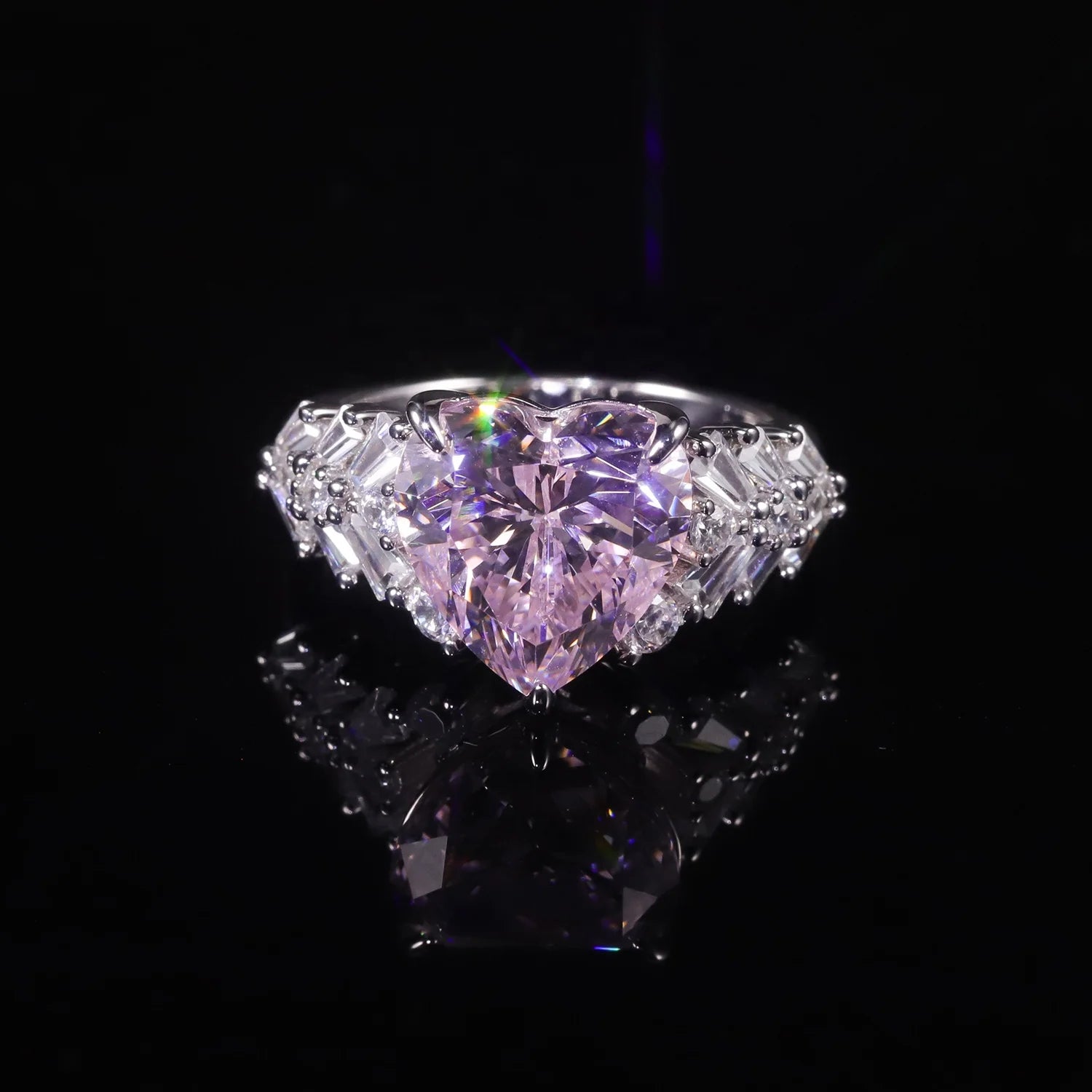 AR319 Abiding Romantic Love Heart Cut 9x9MM Crushed Ice Pink Cz Diamond 925 Silver Cubic Zirconia Ring