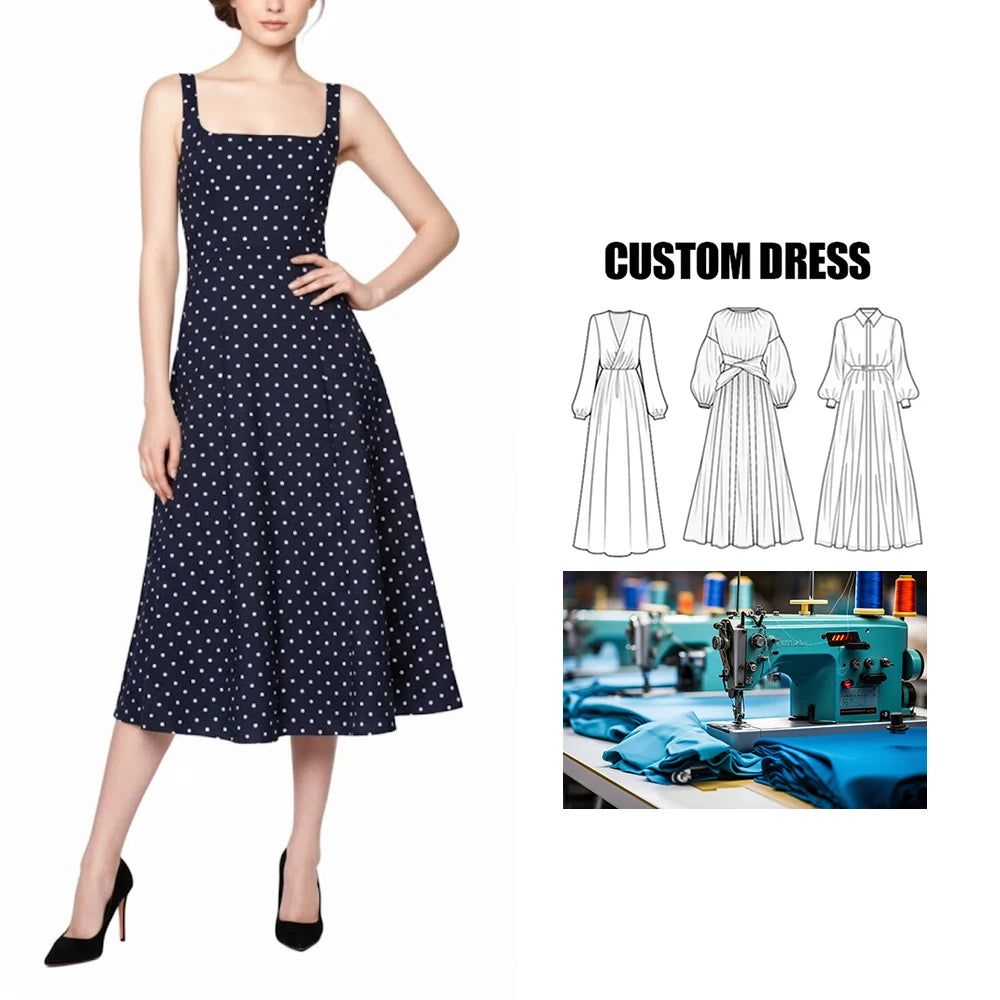 Brand Custom Spring Summer Versatile Polka Dot Strap Dress Square Collar Sexy Petite Midi Dress Design Casual Style Dress
