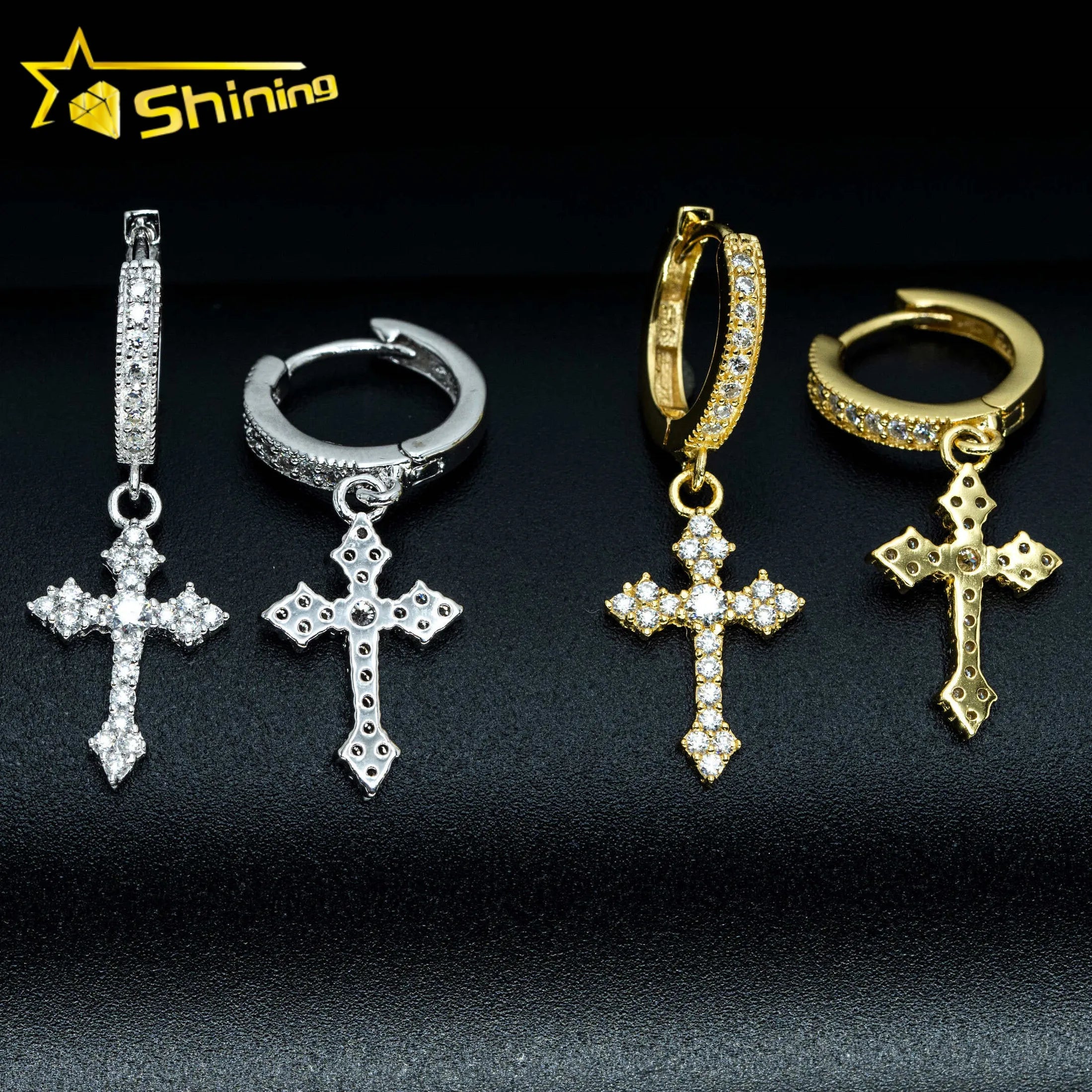Fashion Jewelry Vvs Moissanite Diamond Cross Hoop Earrings Unisex Hip Hop Jewelry Iced Out 925 Silver Moissanite Huggie Earrings