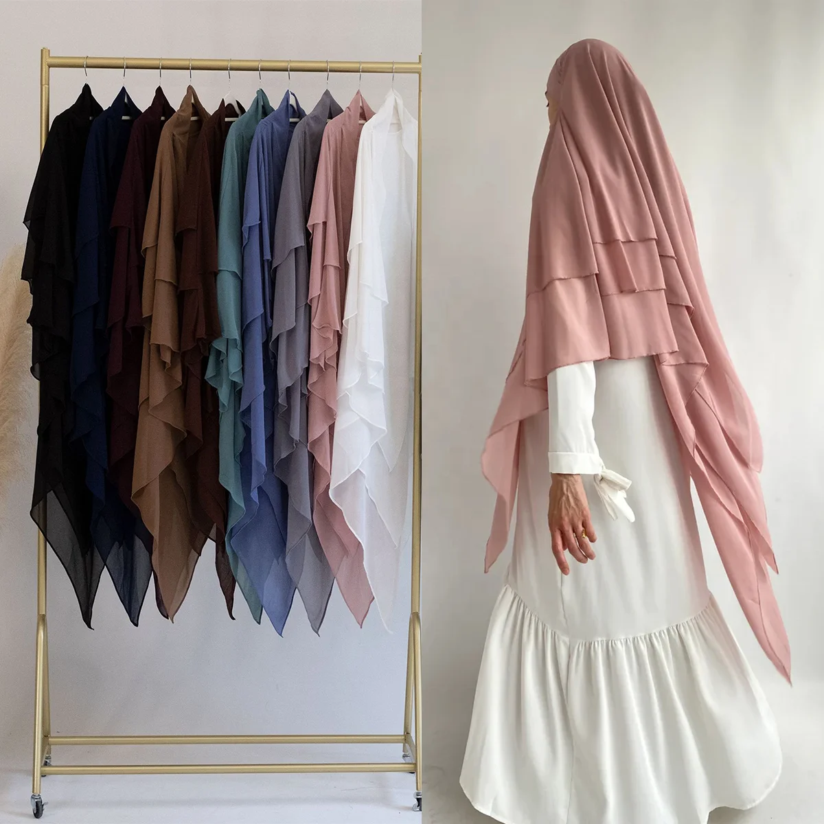 Wholesale Islamic Turkey Overhead Tie Back Plain Prayer Scarf Muslim Women Hijab Chiffon Voile 3 Layers Long Niqab Jilbab Khimar