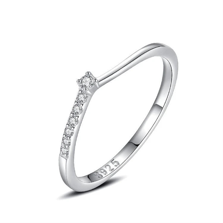 Dainty 925 Sterling Silver V Shape Women Simple Micro Inlay CZ Diamond Thin Stacked Finger Ring