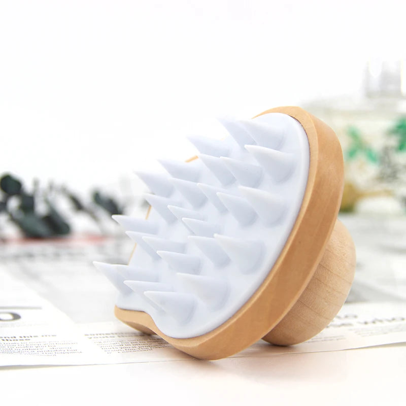 Custom Logo Natural Wooden Bath Shower Shampoo Hair Scalp Massage Silicone Bath Cleaning Brush With Rubber Handle Hair Growth