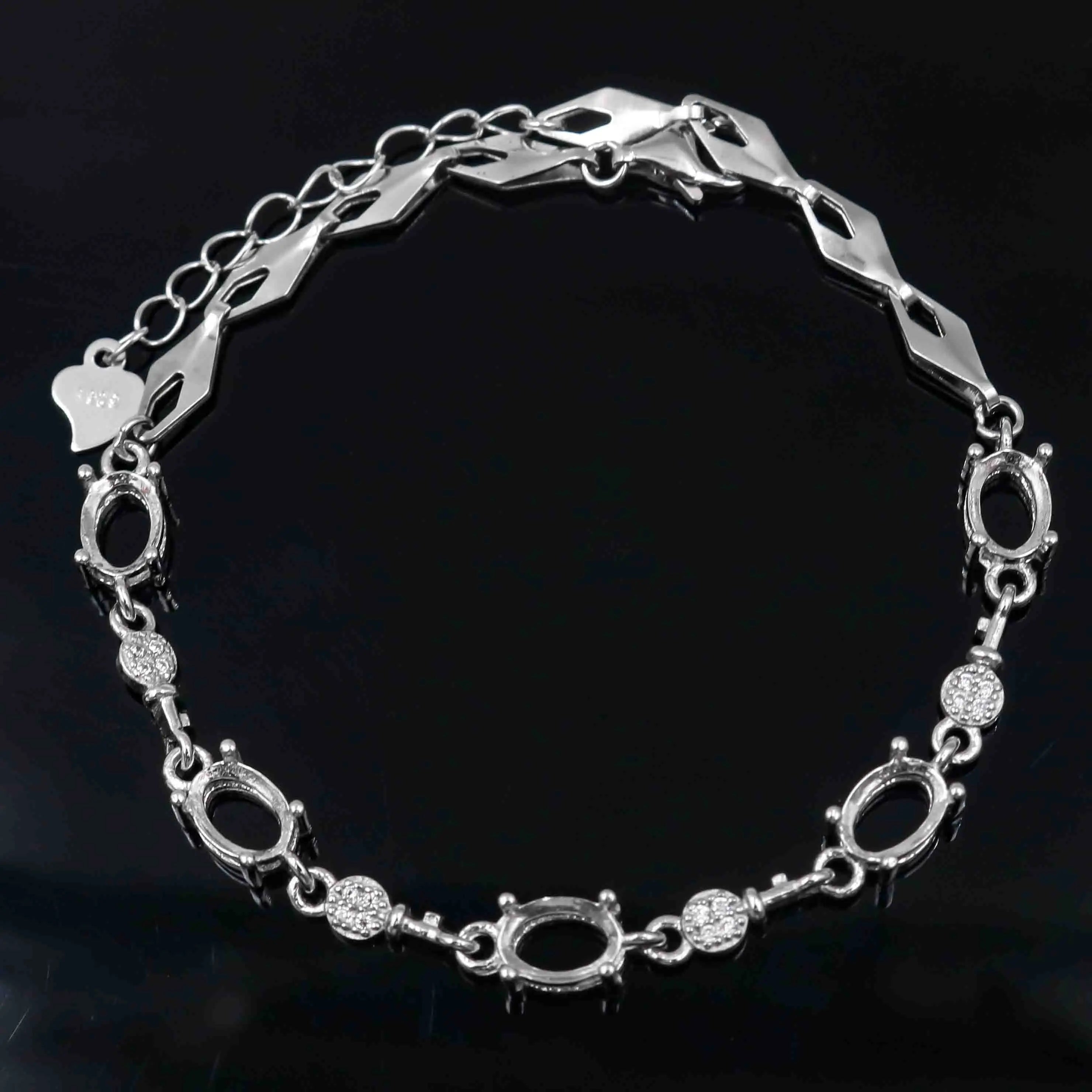 Sterling Silver 5*7mm Semi Mount Bracelet Blank Empty Support Mountain Setting S925 Base Holder Without Stone for DIY Inlay