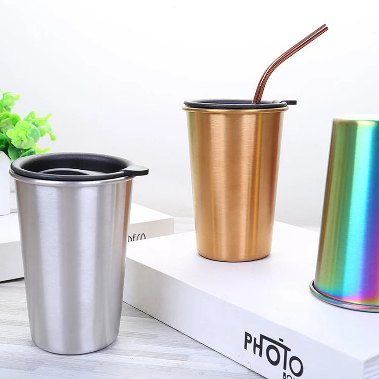 Eco-friendly 500ML Stainless Steel Tumbler for Daily Supplies Multicolor Coffee Milk Tea Cup Blank Mug Straw Vacuum Cover