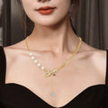Fashion Zircon Bow Pendant Women Stainless Steel Necklace Inlaid Diamond Gold Plated Pearl Necklace for Female