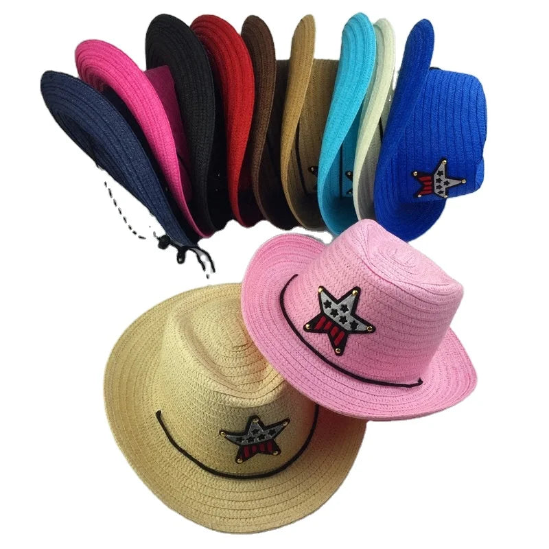 12-Color Fashionable Kids Western Cowboy Cowgirl Hat Cattleman Beach Sun Hat for Children for Outdoor Travel Made of Paper