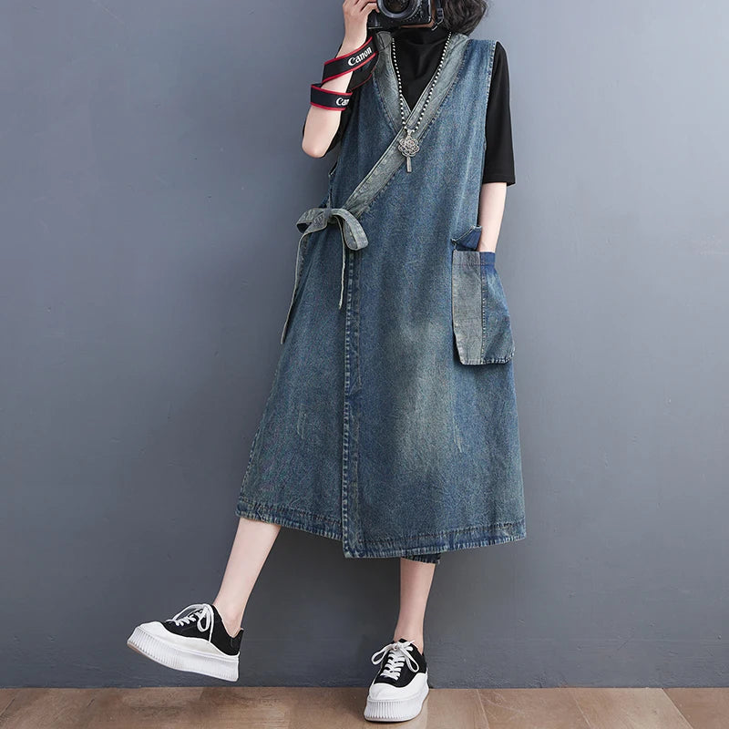 Wholesale 2023 Spring Large Vintage Lace up Casual Loose Reducing Age V-Neck Denim Mid Length Women's Dress