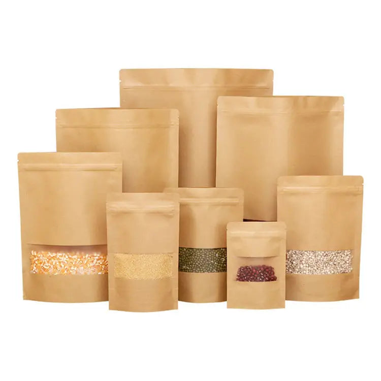 Resealable Recyclable Snack Candy Dried Fruit Nuts Food Packaging Bag Brown Kraft Paper Stand up Pouch with Zipper and Window