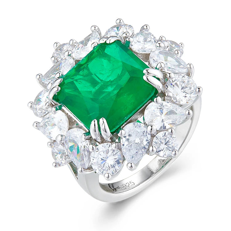 Luxury Cubic Zirconia Green Stone Ring Jewelry 925 Sterling Silver CZ Emerald Ring