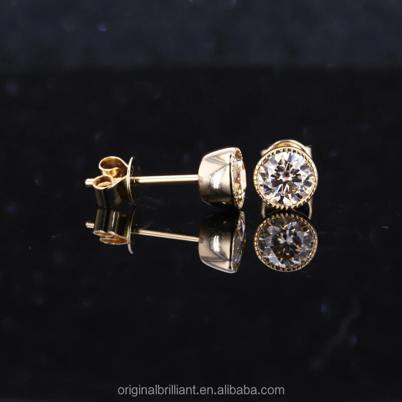 Starsgem Round 4mm DEF Lab Diamond Bezel Setting Yellow Solid Gold Earrings 14k