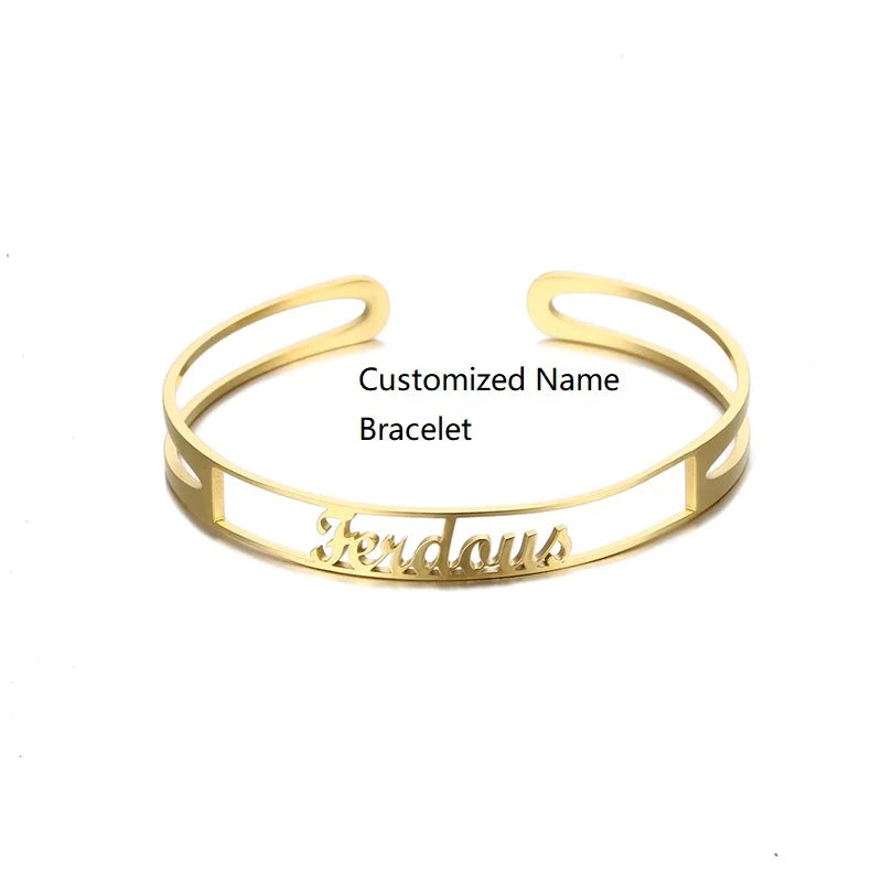 Hot Selling Stainless Steel Name Bracelet Open 18K Gold Plated Name Bangle