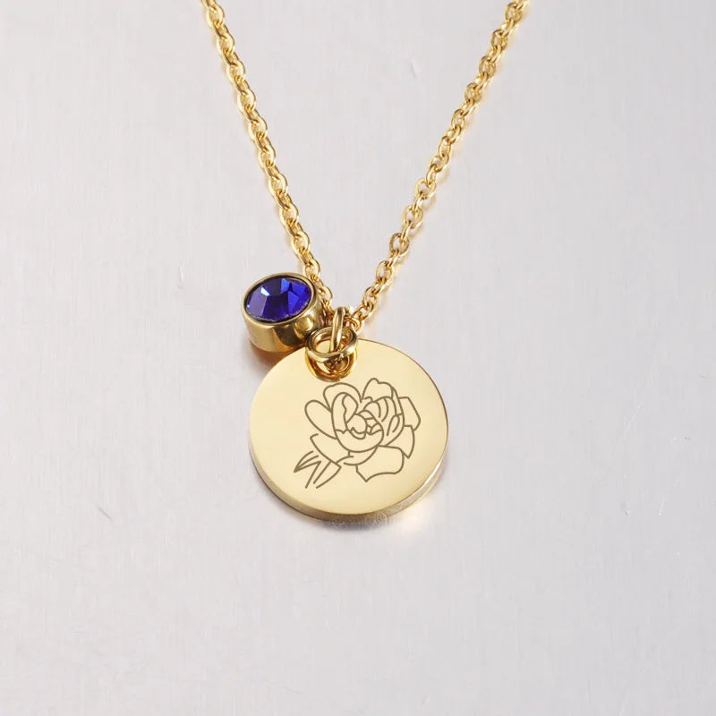 Birth Month Flower Necklace Stainless Steel Dainty Month Birth Disc Floral Pendant Engrave Coin Minimalist Necklace for Women