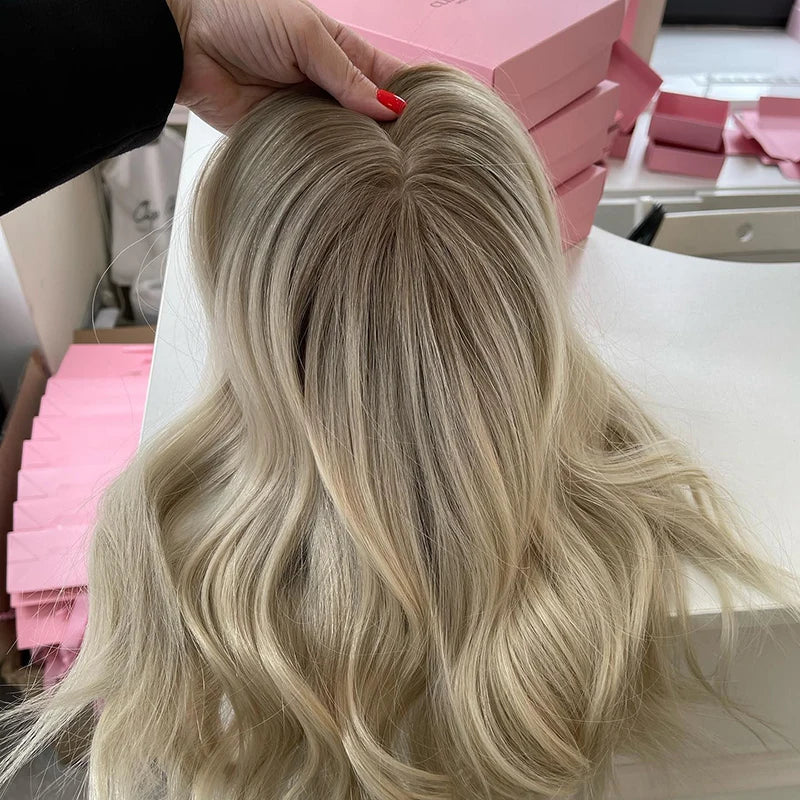 Russian Virgin Hair 180 Dentisty Balayage Blonde Hand Tied Toppers Pieces for Women Silk Hair Topper