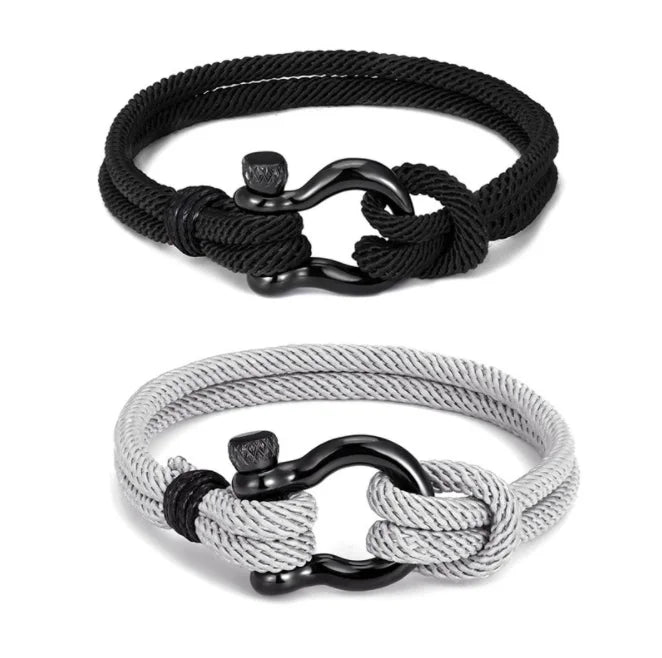 SC Fashion Handmade Woven Double Layer Climbing Rope Bracelet Homme Durable Stainless Steel Black Horseshoe Buckle Bracelet Men