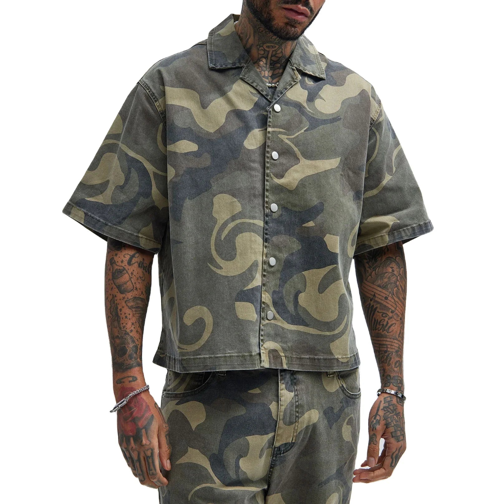 High Quality Custom Boxy Fit Men's Casual Camo Shirt Short Sleeve with Lapel Button Plus Size Summer Print Camo for Men