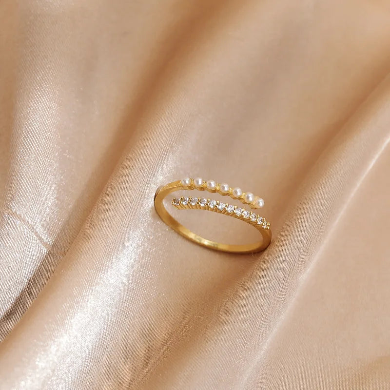 18K Gold Filled Ring Korean Temperament Simple Index Finger Opening Ring Pearl Zircon Ring Jewelry