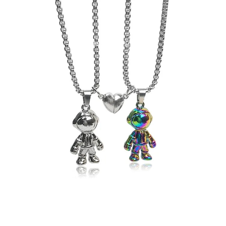 Stainless Steel Chain Spaceman Robot Pendant Necklaces Jewelry for Couple Men Women Astronaut Magnetic Necklace