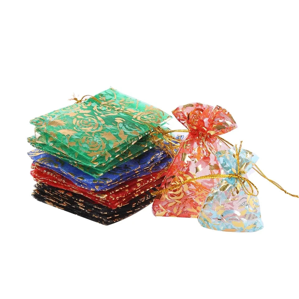Wholesale Small Silk Organza Bags Mixed Color Rose Sheer Jewelry Gift Bags 7*9cm Potli Rose Drawstring Sheer Organza Bags