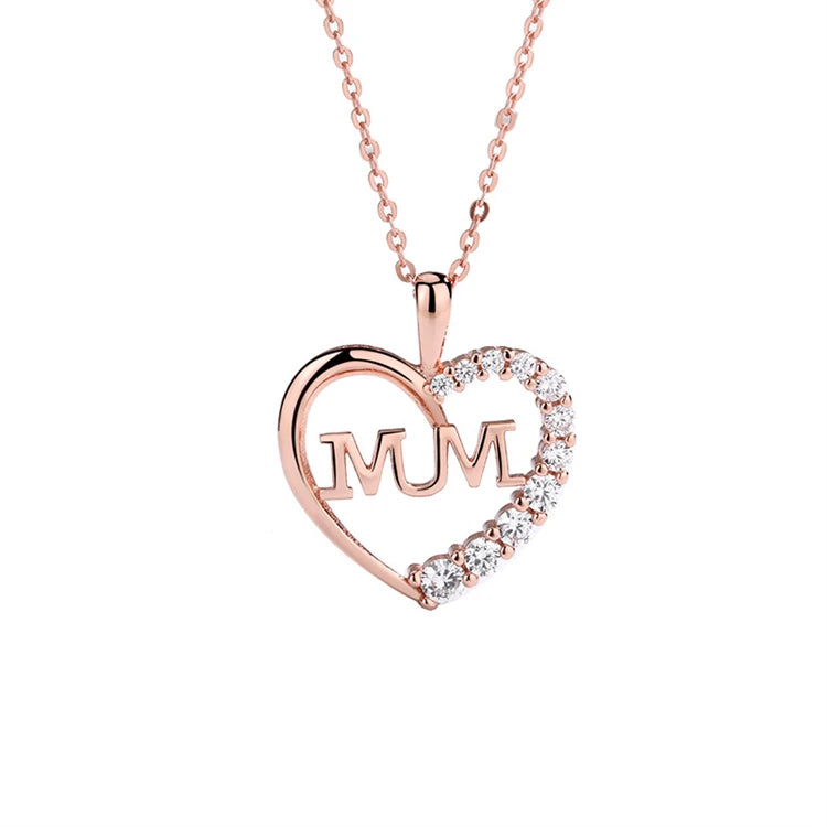 Fashion 925 Sterling Silver Mama Women Diamond Pendant Mothers Day Heart-shaped love Necklace