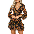 Spring Women Mini Dresses Casual Full Sleeve Floral Printed V-neck Woman Bohe Beach Party Long Dress Mujer Vestidos