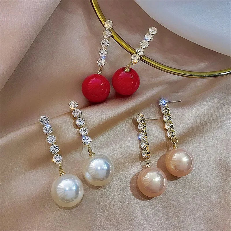 Rinhoo Korean Shiny Rhinestone Tassel Drop Earrings Women Elegant Artificial Pearl Bowknot CZ Hanging Earring Wedding Jewelry