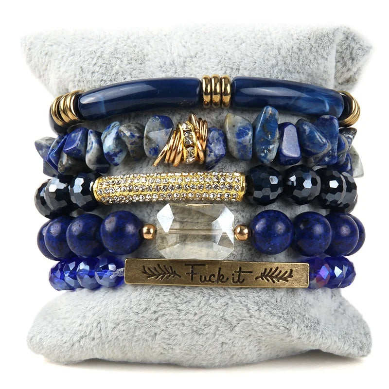 Fashion 5pcs Handmade Jewelry Natural Stone Crystal Glass Acrylic Pipe Bracelet Alloy Letter Piece  Stack Bracelet Set