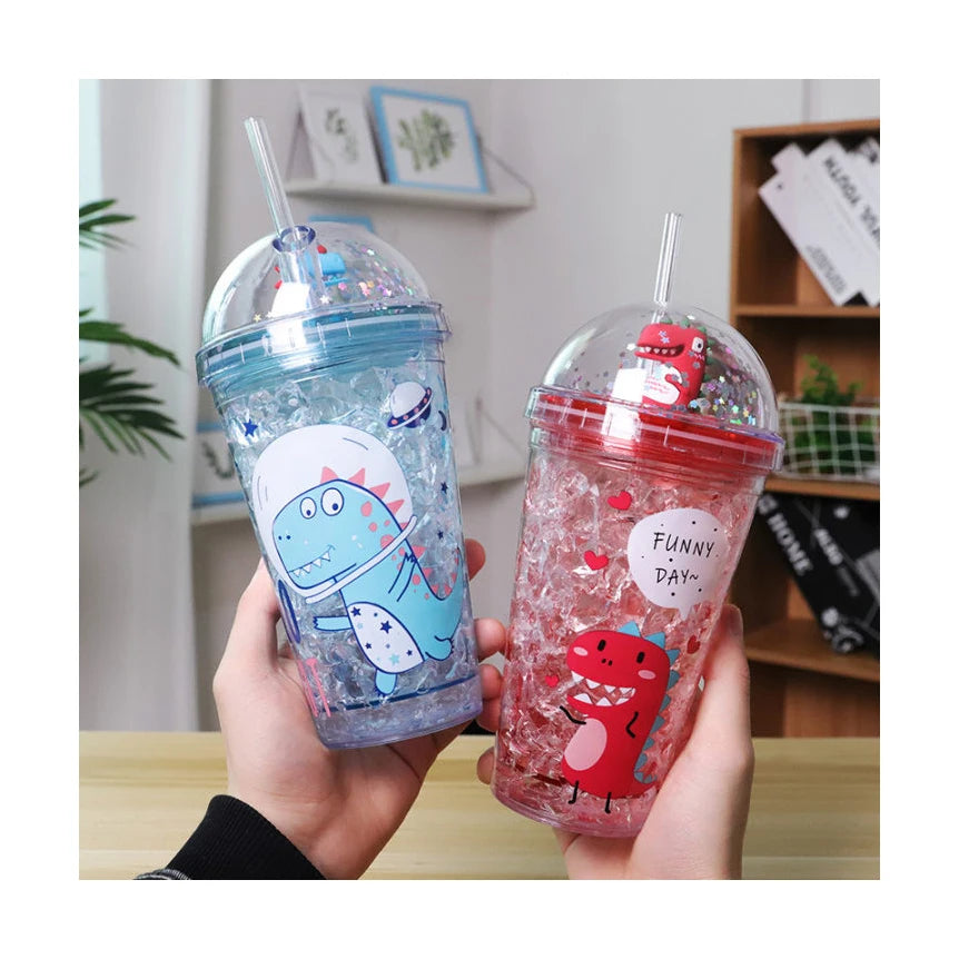 Summer Dinosaur Novelty Plastic Drinking Iced Sequins Coffee Tea Tumbler with Straws Reusable for Children
