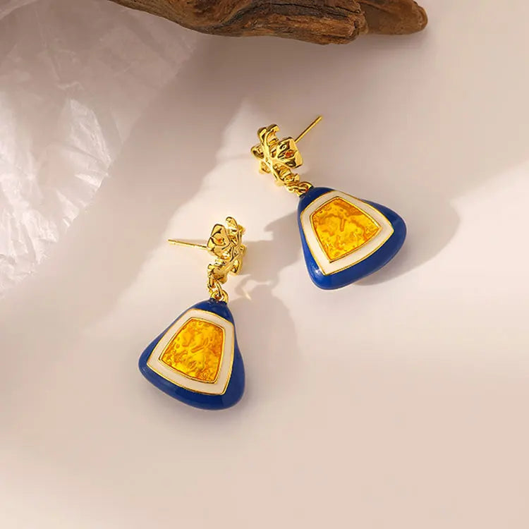SC Personalized 14K Gold 3D Relief Statement Earrings Vintage Palace Party Blue Square Triangle Enamel Earrings for Women