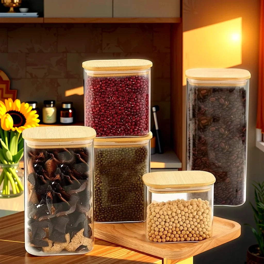 Container Coffee Kitchen Rectangle Glass Storage Jars High Borosilicate Glass Rectangle Storage Container With Wooden Lid