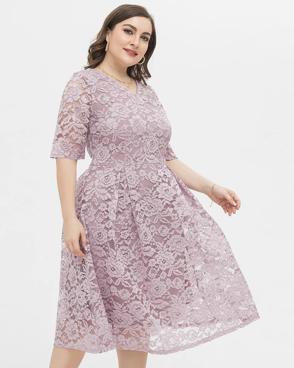Elegant Women Plus Size Fashionable New Design Pink Lace Half Sleeve Slimming High Waist A-line 4XL Casual Dress