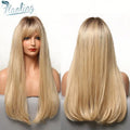 Long Straight Ombre Brown Golden Synthetic Wigs with Bangs for Women Heat Resistant Hair Wigs
