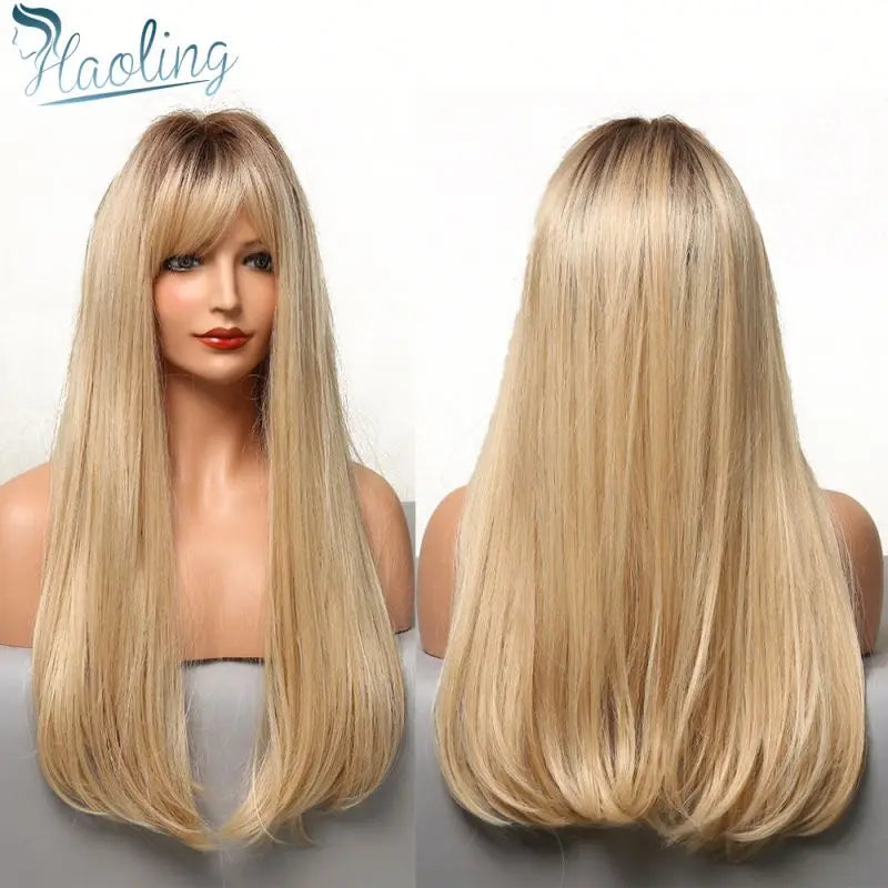 Long Straight Ombre Brown Golden Synthetic Wigs with Bangs for Women Heat Resistant Hair Wigs