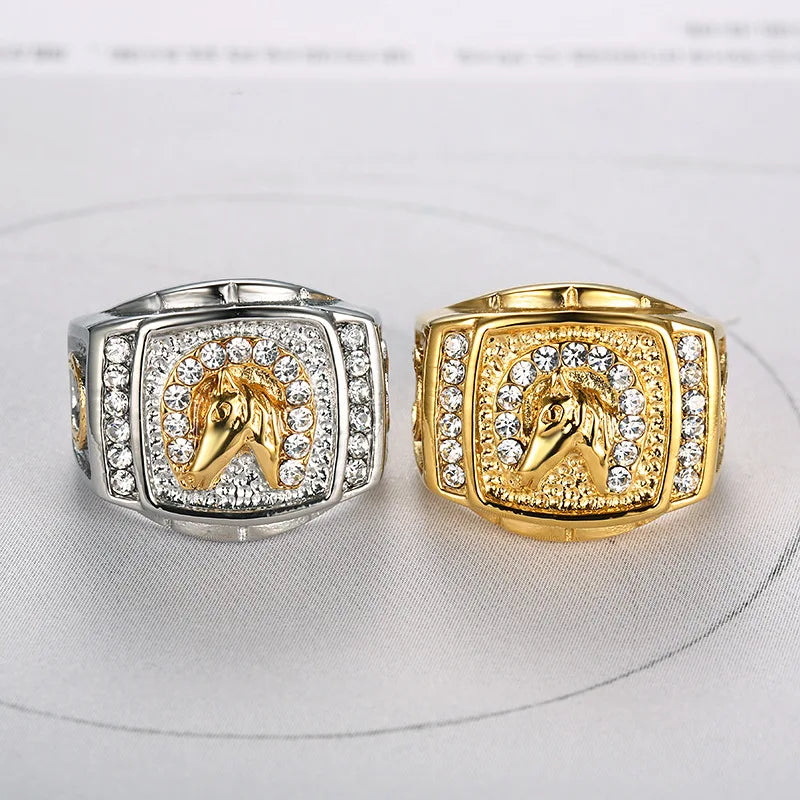 GT Anillos Statement Horse Head Ring Hipster Hip Hop Jewelry Dazzling Rhinestone Horseshoe Stainless Steel Ring for Men