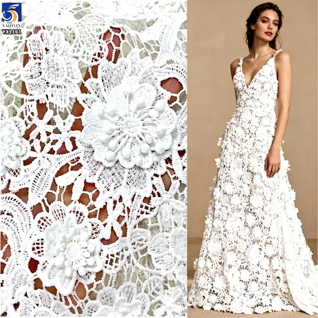 YX1161 2026 Embroidered Lace Fabric Water Soluble 100 Polyester Net 3D Florals Luxury Lace Fabric White for Clothes