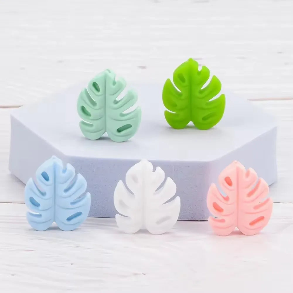 Soft 8 Colors Food Grade Baby Chew Silicone Teething Monstera Leaf Focal Beads for DIY Jewelry Pen
