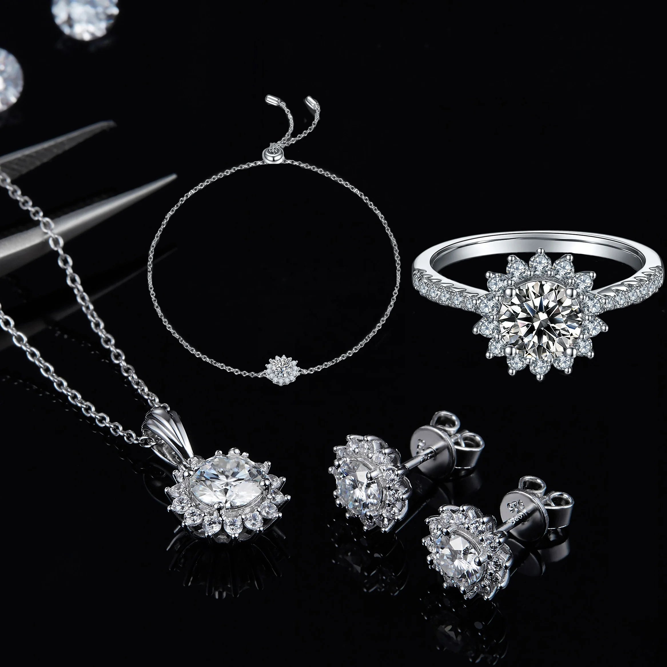 Abiding Jewelry Wholesale Rhodium Plated Necklace Earrings Bracelet Moissanite Jewelry Set for Women