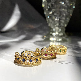 Delicate 18K Gold Plated Hollow Lace Thick Circle Rings Shiny Women Jewelry Open Blue Pink Green Crystal Zircon Finger Ring