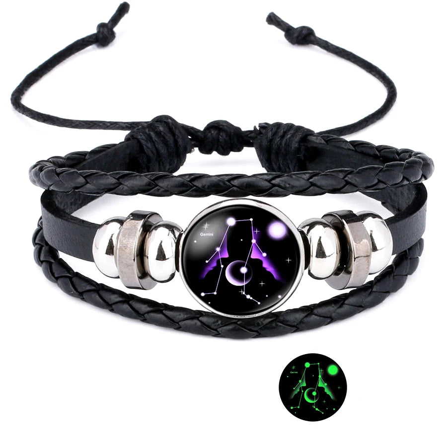 Punk Handmade Adjustable  PU Leather Charm Glow In Dark Horoscope 12 Zodiac Signs Bracelet Jewelry for Men