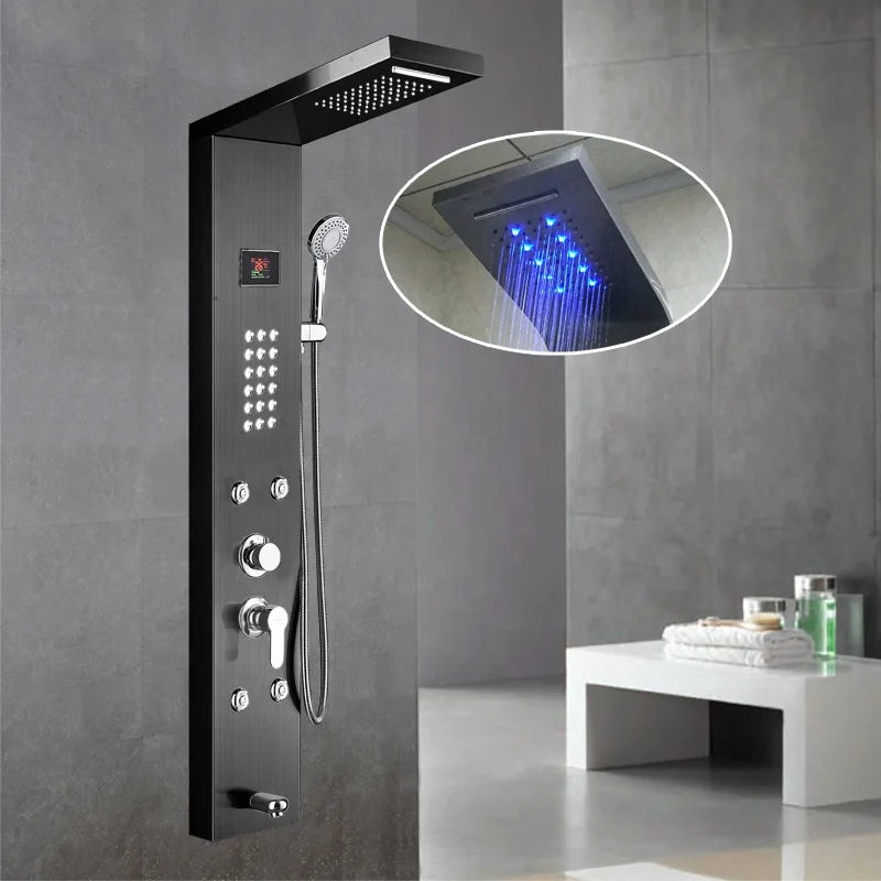 Stainless Steel Wall Mounted Black Shower Column Rainfall Waterfall LED Lighting Smart Shower Panel
