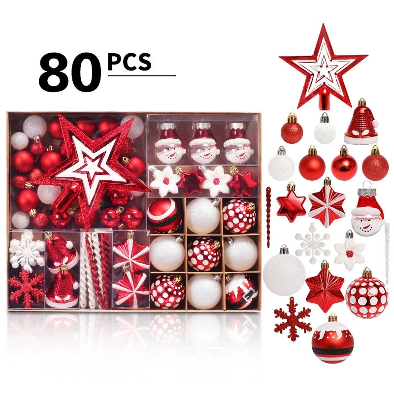 80pcs 2024 New Christmas Star Ball Painted Ornament Set Holiday Celebration Tree Decorations with Gift Box